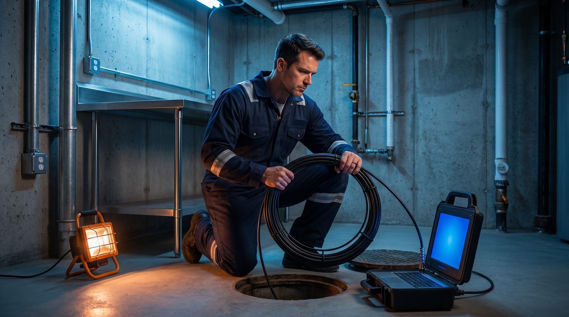 Drain Force technician inspecting a sewer line with a camera